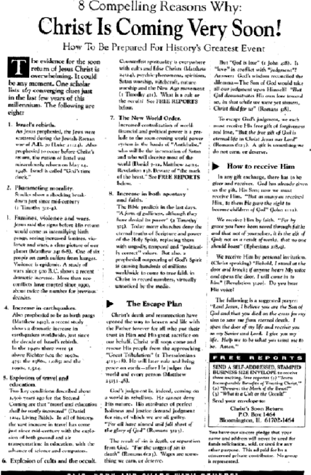 A tract that reads "Eight Compelling Reasons Why Christ is Coming Very Soon!"