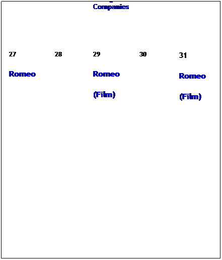 Text Box: Monday
Tues.
Wednesday
Thurs.
Friday
 20
First Class:
Orientation
 
21 
22
Romeo and Juliet
Theatres & Acting Companies
 
23
24
Romeo
27
Romeo
28
29
Romeo
(Film)
30
31
Romeo
(Film)
 
 
 
 
 
 
