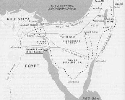 Map showing the cojectured route of the Exodus, from Banstra's Reading the Old Testament